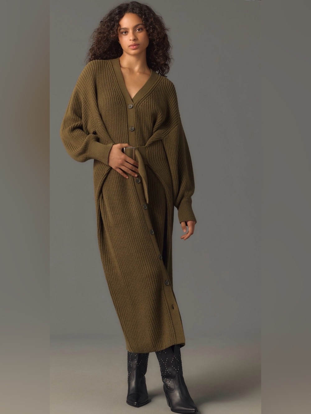 Anthropologie long sleeved belted cardigan sweater dress
